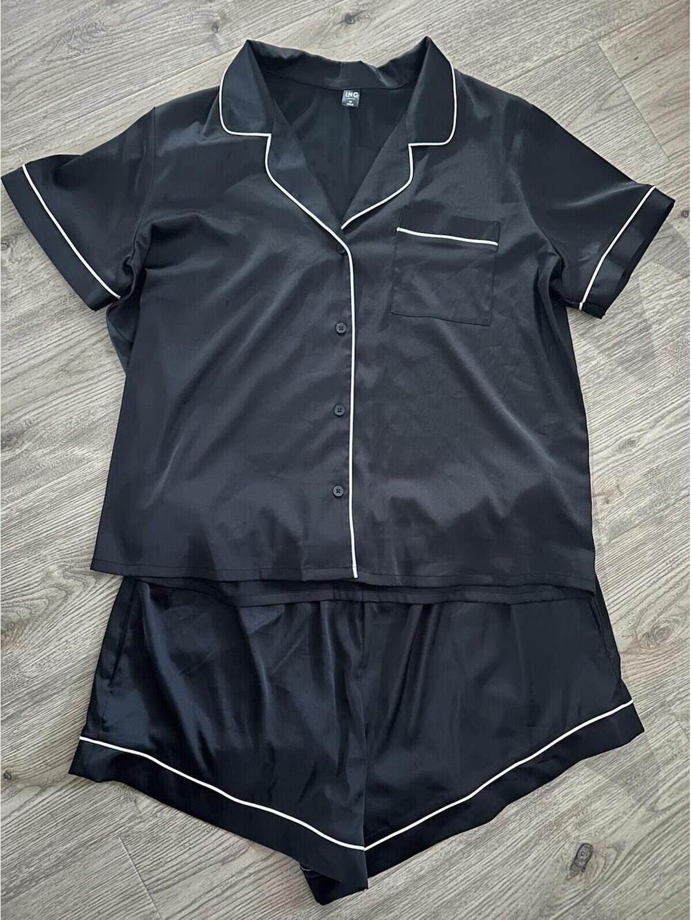 I.N.C Black with White Trim Stretch Satin Short-Sleeve Pajama Set Size Xlarge